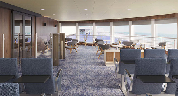 Istuinrivist&ouml; laivalla. Ikkunoista n&auml;kyy merimaisema.